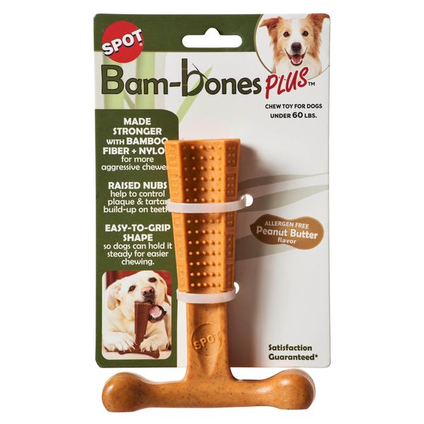 SPOT Bam-Bones PLUS T Bone - Bamboo Fiber & Nylon, Durable Long Lasting Dog Chew for Aggressive Chewers – Toy for Dogs & Puppies Under 60lbs, Non-Splintering, 6in, Allergen Free Peanut Butter Flavor