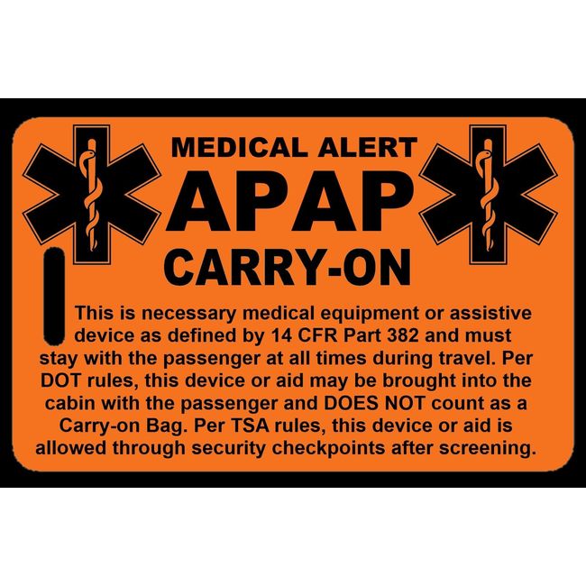 Safety Orange Carry-On APAP  Bag Tag - TSA - Sleep Apnea