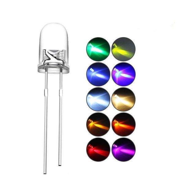 DiCUNO Light Emitting Diode, 0.2 inch (5 mm), 10 Colors, Transparent LED Set, Red, Blue, White, Orange, Yellow, Green, Pink, Purple, Light Bulb Color/Yellow Color, 200 Pieces Each