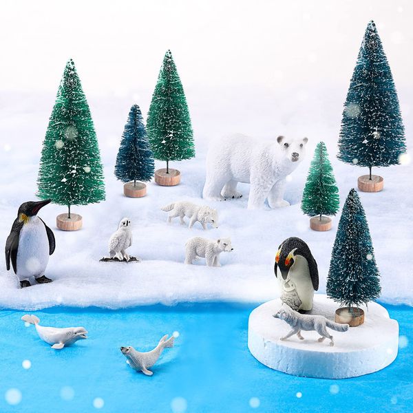 19 Pcs Polar Animals Figurines Arctic Animal Toy Set includes 10 Polar Animals Figurines 6 Miniature Pine Trees 1 Foam Boards 1 Winter Fake Snow Blanket 2 Blue Tissue Paper for Kids