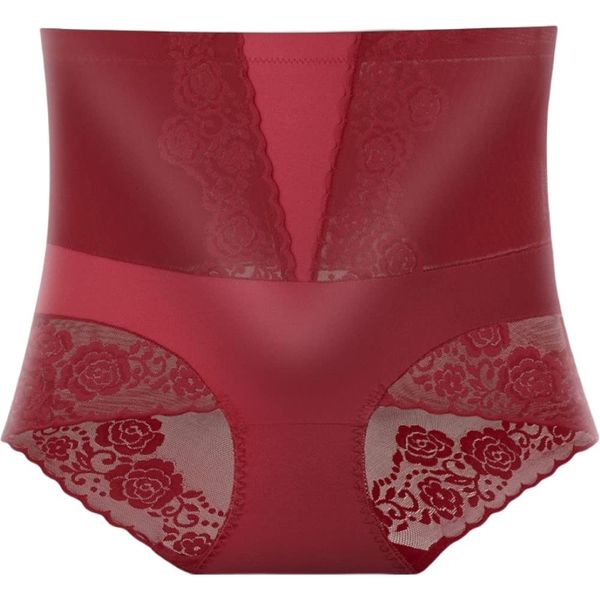 Plus Nao Women's Girdle Panties, Innerwear, High Waist, Lace, Flower, Black, Beige, Sexy, red (wine)