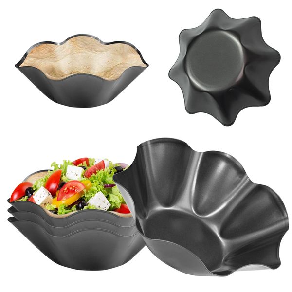 6Pcs Large-Nonstick Tortilla Shell Maker, DSVENROLY 8.4-inch Taco Salad Bowl Pans Makers Set with Silicone Gloves & Basting Brush, Carbon Steel Fluted Tortilla Shell Pan Baking Molds for Kitchen