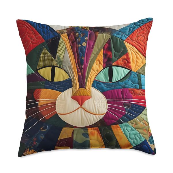 Funky Cat Quilted Colorful Cat Kitten Face Quilt Patchwork Throw Pillow