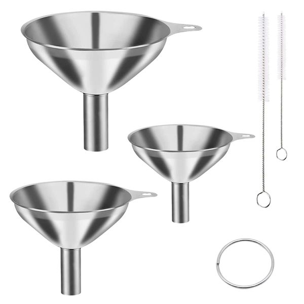 VicBou 3pcs Stainless Steel Funnels, Kitchen Mini Funnel Set with a Clip-Ring and Handle, for Transferring Liquid, Fluid, Cooking Oils, Jam & Powder(1.77/2.16/2.95inch)