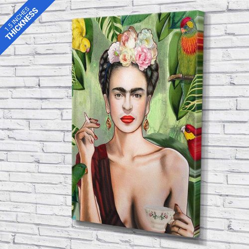 Frida Kahlo Con Amigos - Tea Cup & Birds Jungle & Frida Kahlo Canvas Art Wall Art Home Decor (24in x 36in Gallery Wrapped, Frida Kahlo Con Amigos)