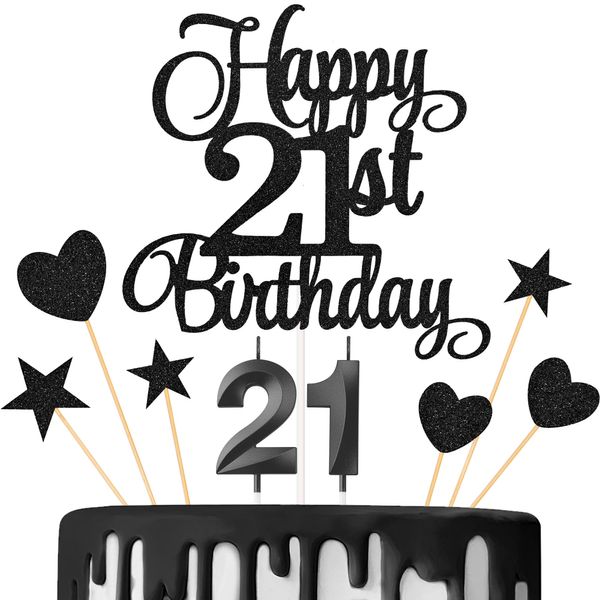 Lecferrarc 21st Birthday Cake Toppers, 21st Birthday Candles Numeral Candles and Glitter Cake Decorations Toppers Set for Party Supplies (Black)