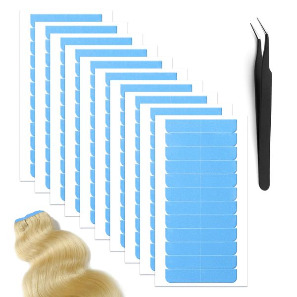 woleeup 240 Pcs Hair Extension Adhesive Tapes - Double Sided Waterproof Tape in Tape Replacement Hair Tape for Hair Extensions Wig Tape Beauty Tools with a Small Tweezers (4 x 0.8 cm, Blue)