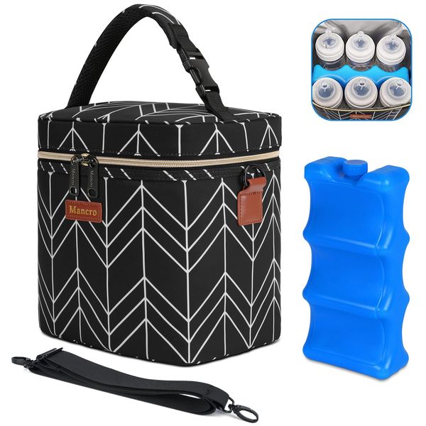 Mancro Breastmilk Cooler Bag, Insulated with Ice Pack, Fits 6 Baby Bottles Up to 9 Oz with On-The-Go Strap, Perfect for Nursing Moms and Daycare, Black Wave