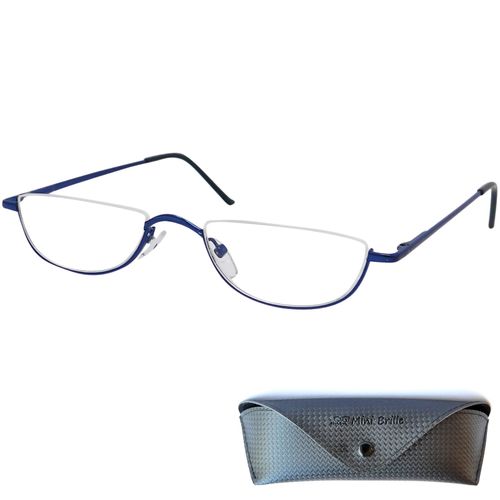 Mini Brille Metal Half Moon Reading Glasses, Including FREE Case, Half Eye Stainless Steel Frame (Blue) with Spring Hinge, Men and Women Readers +2.50 Magnification
