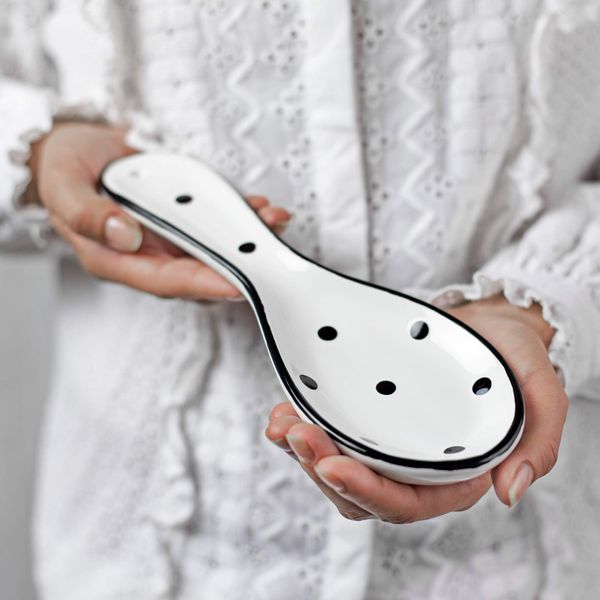 City to Cottage® White and Black Polka Dot Handmade Hand Painted Ceramic Kitchen Cooking Spoon Rest | Utensil Holder