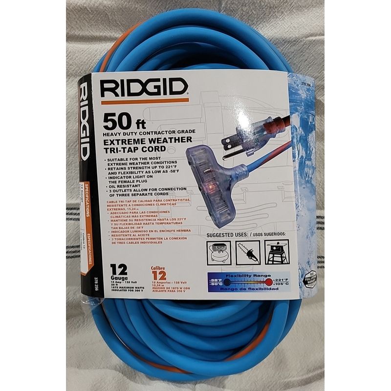 Ridgid 50 Foot Heavy Duty 12 Gauge Contractor Grade Extreme Weather Tri ...