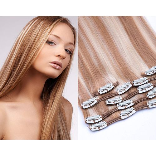 Clip-In Hair Extensions Set, 100% Real Hair, 7 Pieces, 70 g, 55 cm, Clip-In Hair Extension in Colour #18/613 Dark Blonde - Light Blonde