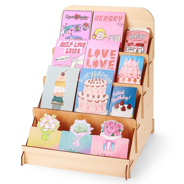 Luoyadee Greeting Card Display Stand, 4 Tier Retail Display Stand, Wooden Cardboard Card Display Stand, Portable Sticker Display Stand for Vendors, Craft Trade Shows, Table Display