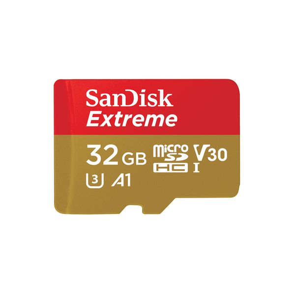 SanDisk Extreme 32 GB microSDHC Memory Card + SD Adapter with A1 App Performance + Rescue Pro Deluxe, Up to 100 MB/s, Class 10, UHS-I, U3, V30, Red/Gold