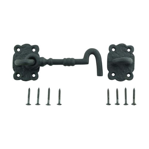 Renovators Supply Manufacturing Door Latch Lock 5.5 in. Black Wrought Iron Hook and Eye Latch for Door with Mounting Hardware