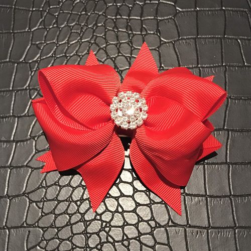 Bow Hair Clip with Rhinestone | 4 inch grosgrain | alligator clip (Holiday Red)
