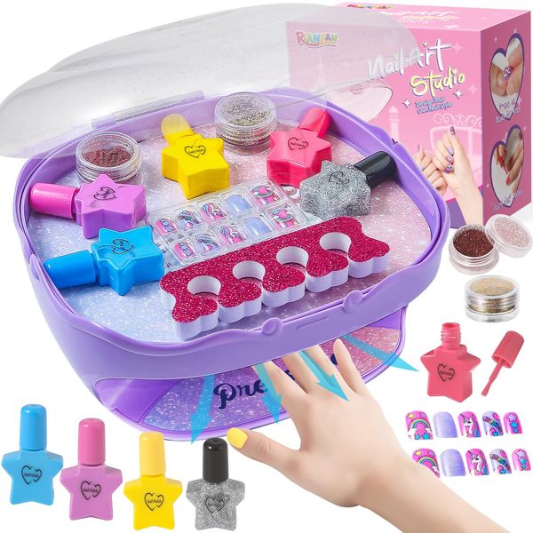 Girls Nail Polish Set Purple, Toys for Girls Age 5 6 7 8 9 10, Nail Care Kit with Nail Polish, Nail Dryer, Fake Nails, nail Glitter, Nail Filer and Toe Separator, Ideal Birthday Gifts for Girls 5-8