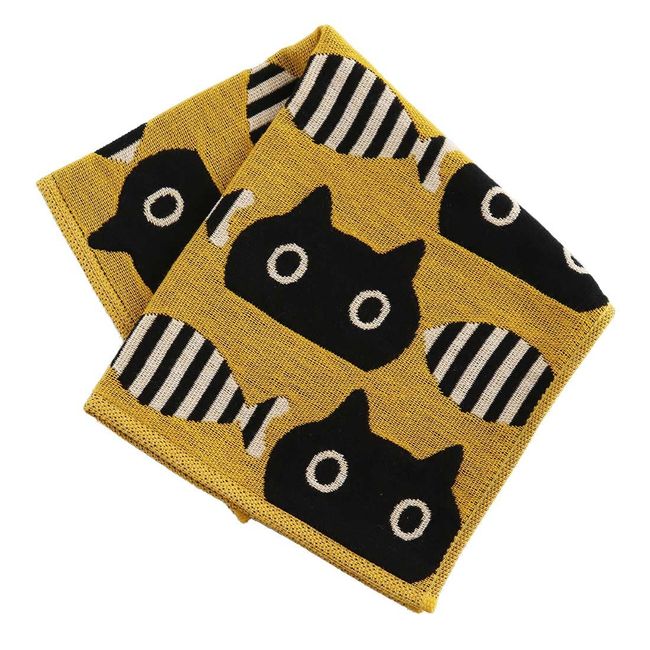 Atsuko Matano 181007-0005-03 Women's Triple Gauze Handkerchief (Yellow/100% Cotton), Gauze Handkerchief, Cat and Fish Pattern, Cat, Fish, Imabari, Present, Gift