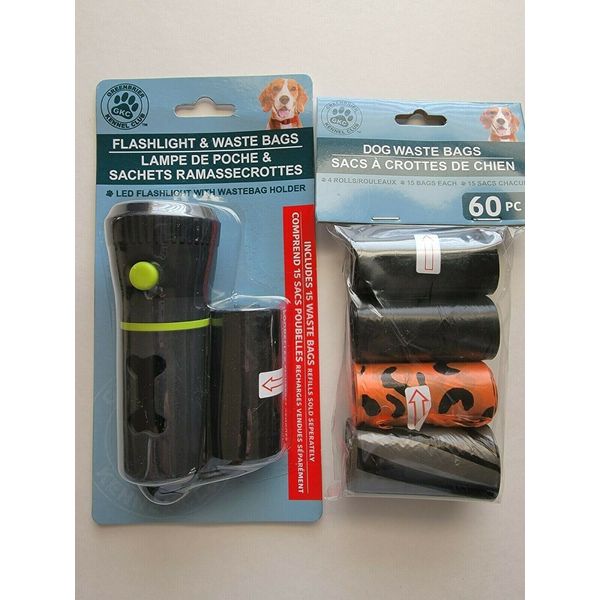 Pet Waste Dispenser w/ Led Flashlight Disposable Poop Bags & Clip 75 Bags New