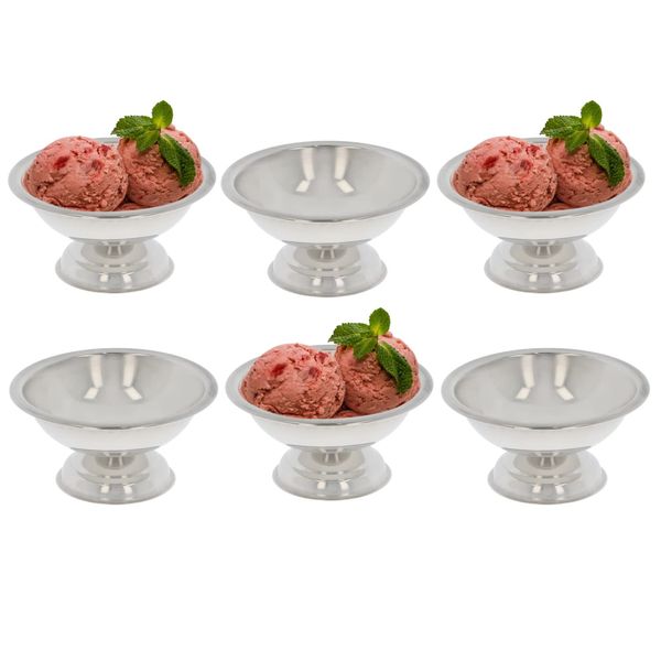 Stainless Steel Ice Cream Cups Set of 6 Footed Ice Cream Bowls Dessert Cups Sundae Dish Metal Ice Cream Sorbet Fruit Salad Pudding Serving Dishes Reusable for Home, Kitchen, Restaurant, 10cm