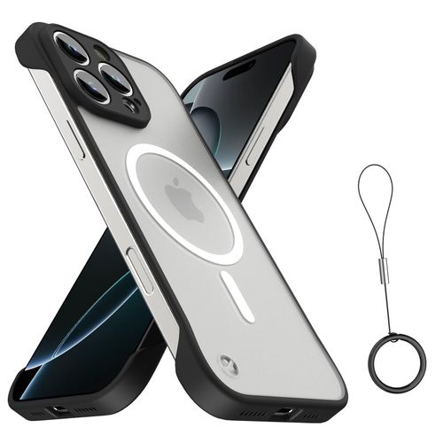 ASONRL Frameless Magnetic Case for iPhone 16 Pro Max, [Compatible with MagSafe] [Full Camera Coverage] Ultra Thin Matte Hard PC Shockproof TPU Bumper Non-Slip Rope Pull Ring Case, 6.9'' - Black
