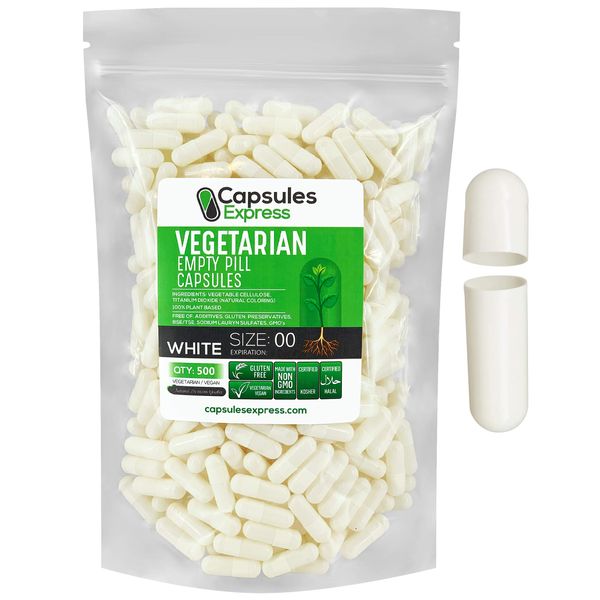 XPRS Nutra Size 00 Empty Capsules - 500 Count Empty Vegan Capsules - Capsules Express Vegetarian Empty Pill Capsules- DIY Vegetable Capsule Filling- Veggie Pill Capsules Empty Caps (White)