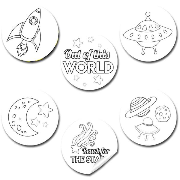 Color Your Own Outer Space Themed Birthday Party Favor Sticker Labels for Kids, 90 1.5" Party Circle Stickers by AmandaCreation, Great for Arts & Crafts, Envelope Seals, Goodie Bags & Treats