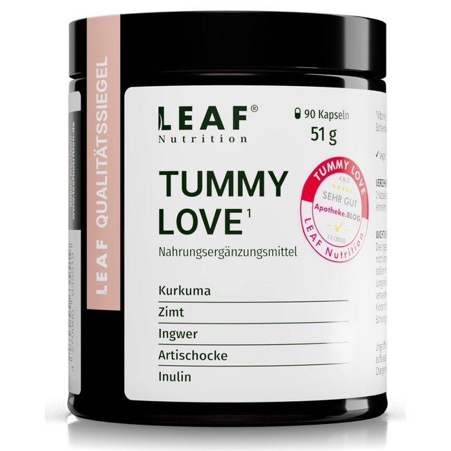 LEAF TUMMY LOVE Kapseln vegane Nahrungsergänzung mit Kurkuma, Zimt, Ingwer & Artischocke | für deine Körpermitte | 45 Tage (90 Stück) | nachhaltige Verpackung & Made in Germany