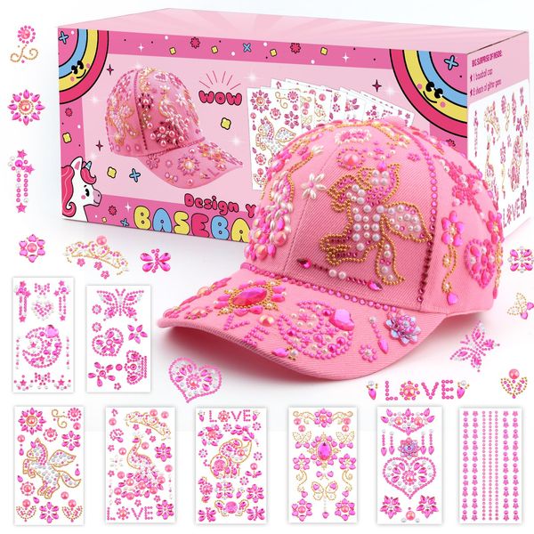 Geschenk für Mädchen DIY Baseballkappe, Kappe Selbst Gestalten mit Edelstein Aufklebern, Schulanfang Geburtstag Geschenke Mädchen 4 5 6 7 8 9 10 11 12 Jahre, Rosa Baseball Cap Mädchen Bastelset Kinder