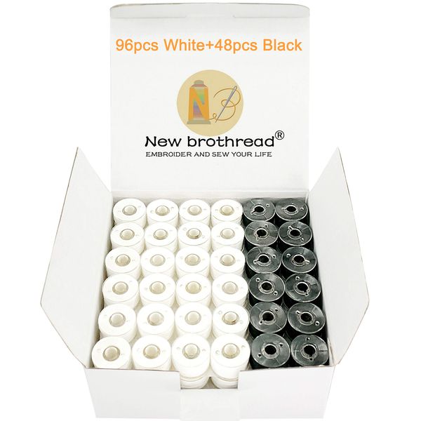 New brothread 144pcs (96White + 48Black) 60S/2(90WT) Prewound Bobbin Thread Plastic Size A SA156 for Embroidery and Sewing Machine Polyester Thread Sewing Thread