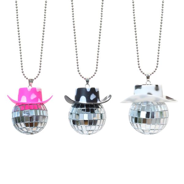 Bekecidi 3 Pcs Mirror Disco Ball Pendant, 4 cm Cowboy Hat Mirrored Ball Necklace Car Hanging Accessories, Home Party Decorations (Chain style 1)