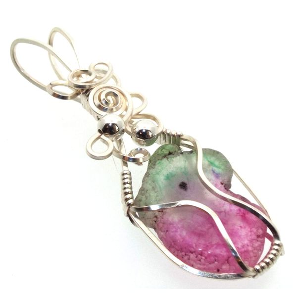 Watermelon Solar Quartz Gemstone Silver Plated Wire Wrapped Pendant