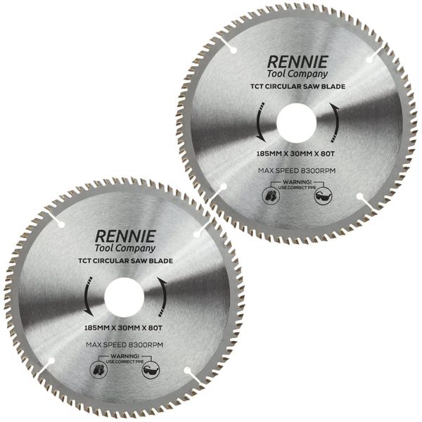 2 Pack - 185mm x 80T TCT Saw Blade. 185mm Circular Saw Blade x 30mm Bore + 25mm/20mm/16mm Bore Reduction Rings Fits Evolution Bosch Makita Ryobi Dewalt Circular Saws Etc. Fits 190mm Circular Saw