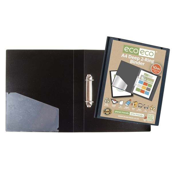 2 x eco-eco A4 95% Recycled Presentation Black Professional Deep Ring Binders