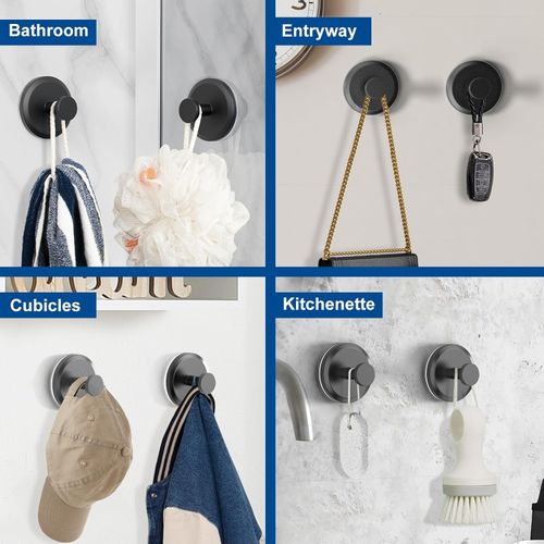 fucokt 2 Matte Black Suction Cup Hooks for Bathroom, Kitchen Towel Hooks, Shower Hook Bracket, Hangs up to 15 lbs, Mounts to Smooth Tile, Glass Doors and Shower Walls to Hang Towels, Coats and More.