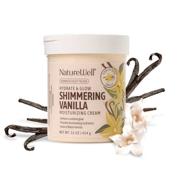 NATURE WELL Shimmering Vanilla Hydrate & Glow Moisturizing Cream For Face & Body, Intensely Nourishing & Softening, Delivers A Sparkling Radiance & Illuminating Hydration, Warm Vanilla Scent, 16 Oz