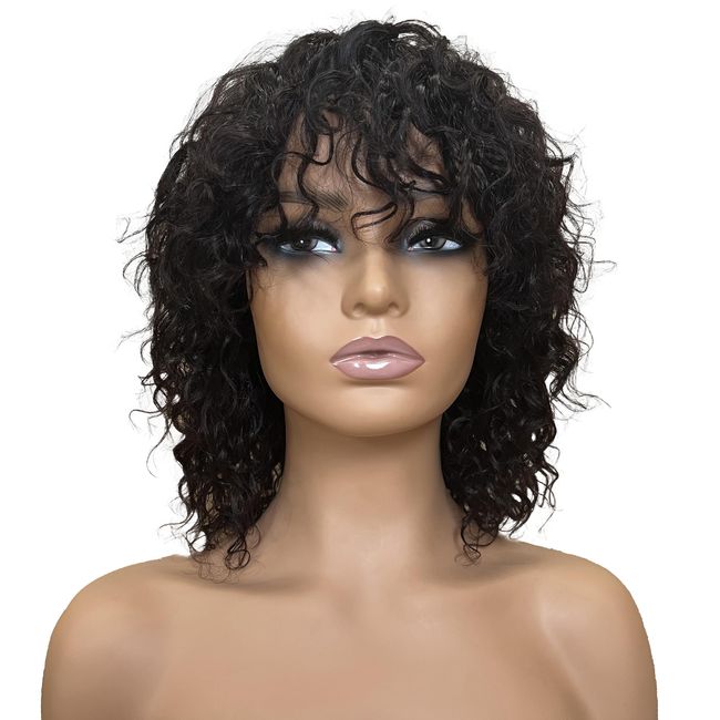 OnePart human wigs short water wave wig with bangs WWM2367M 100% brazilian virgin human hair machine made glueless for black women natural black 12inch