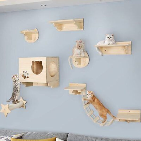 La La Pet® 9pcs Wooden Cat Shelves and Perches for Wall Cat Steps Ladder Wall...