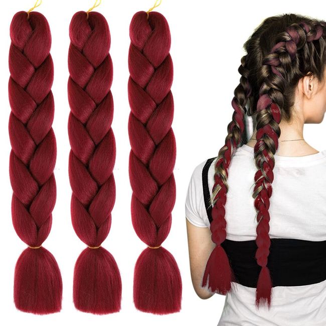 oAutoSjy 3 Stücke Ombre Jumbo Zöpfe Haar Flechten Haar Kanekalon,Braids Extensions Kunsthaar Synthetische Haarverlängerung für Frauen Synthetik Zöpfe Afro Hair für Box Crochet Braids,Weinrot