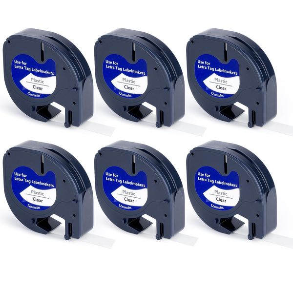 6-Pack Compatible with Dymo Label Tape Replacement, Clear Base Black Ink Letratag Tape for Dymo 100H/100T/2000/QX50 Label Makers, High Adhesive Sticky Labels on Roll, 12 mm x 4 m/Roll