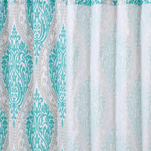 Comfort Spaces Coco Bathroom Shower Curtain Printed Damask Pattern Modern Cute Microfiber Fabric Bath Curtains, 72"x72", Teal / Grey
