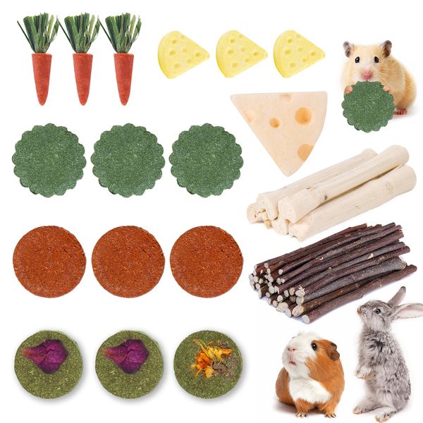 50-60 PCS Natural Rabbit Chew Toys, Bunny Toys, Guinea Pig Hamster Chew Toys, Rabbit Treats, Timothy Cookie, Apple Stick, Carrot Stick, Sweet Bamboo, Clean Teeth, for Chinchilla, Rat, Small Animals