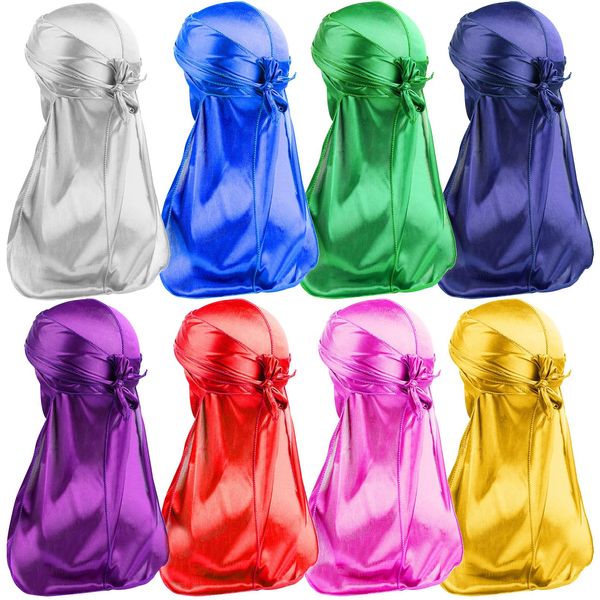 8Pcs Silky Durag,Satin Durag With Long Tail,Silky Durags for Men Women,Durag Cap With Wide Straps,Men Waves Durag Cap,Headwraps for Men Wave,Headwrap Durag Wave Caps,Satin Doo Rag for Hair Waves