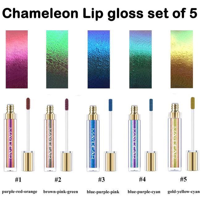 Maydear Chamäleon-Lippenstift-Set, 5 Farben, langlebig, wasserdicht, bunt, Diamant-Schimmer, Lipgloss, für Damen, Make-up-Set