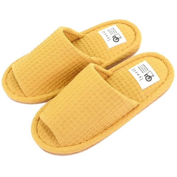 Lagarto Slippers, Washable, 100% Cotton, Waffle Slippers, Mustard, L, Outer Seam, Front Opening, Stylish, For Guests, yellow (mustard)