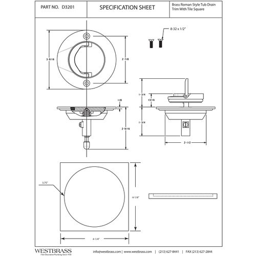 Westbrass D3201-07 Roman Tub Drain Trim with 4-1/4" OD Tile Square, Satin Nickel