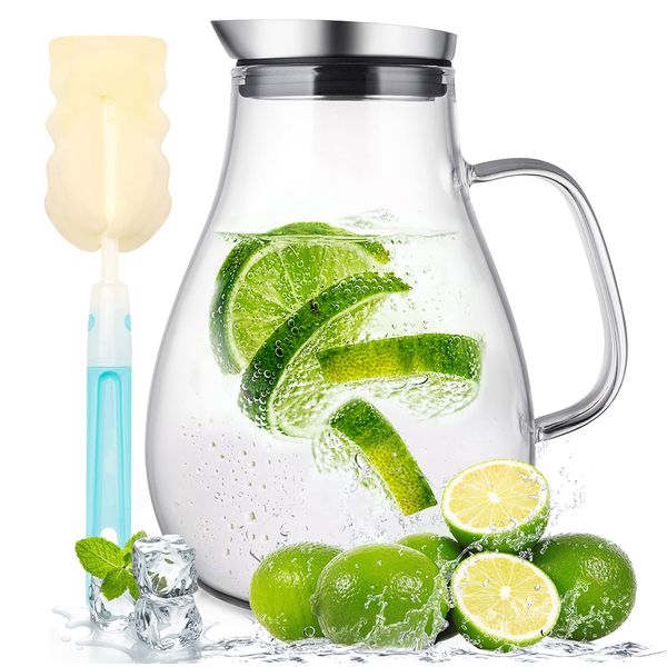 SUSTEAS 2.0 Litre Glass Jug with Lid, Water Carafe Jug for Hot/Cold Water, Iced Tea and Juice Drink, 1 Free Long-Handled Brush Included