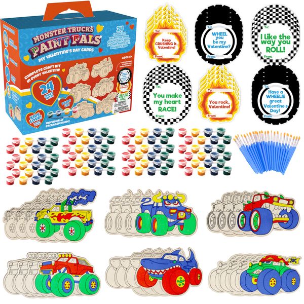 Monster Trucks Wood Painting Kits (24ct) - Perfect Goodie Bag Party Favors for Kids Birthday Party - Each has a Wood Craft, Paints, Brush & Sticker for Boys & Girls - Kids Multi-Item Party Favor Packs