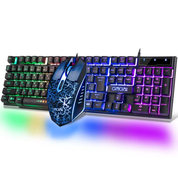 CHONCHOW 401J Gaming Keyboard Mouse Set, Switch, PS4 / PS5 Compatible, Japanese Sequence, 7 Color Gaming Mouse, "No Conversion" / "Conversion" Keys, Numeric Keypadless, Lighting, Wired, 4 Levels of