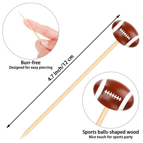 Aodaer 100 Pieces Bamboo Cocktail Picks 4.7 Inch Decorative Sports Ball End Cocktail Skewers Wooden Decorative Fruit Toothpicks Fruits Sandwich Buffets Party Supplies (Football)